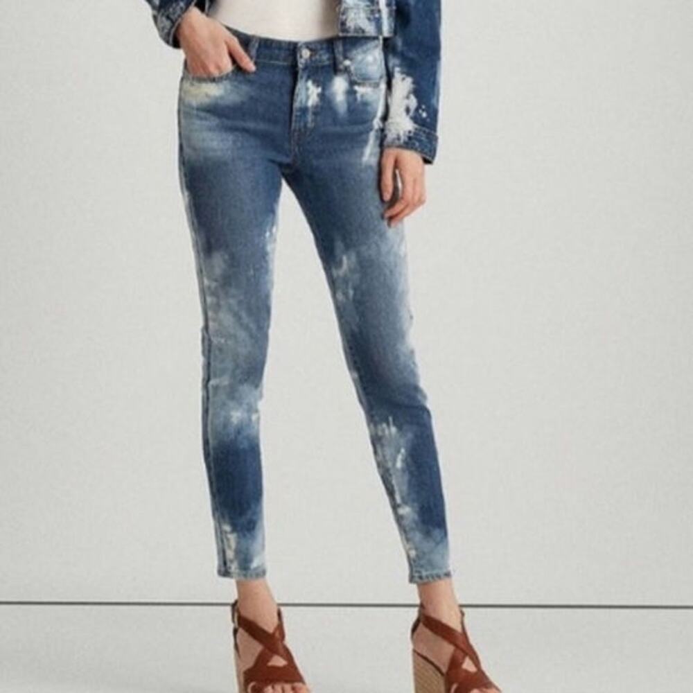 Ralph Lauren Premier Skinny Ankle Jeans Bleach Splattered Coastal Blue Size 6
